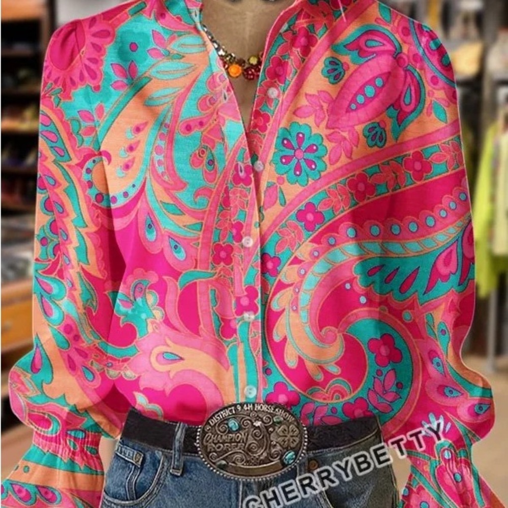 Vibrant Paisley Floral Print Long Sleeve Blouse - Pink and Turquoise